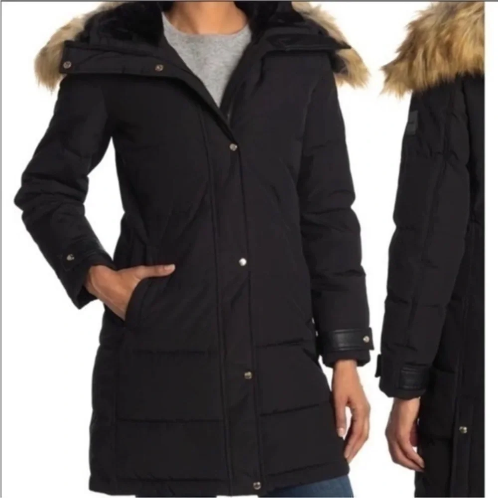 NINE WEST black faux fur trim hooded quilted parka coat